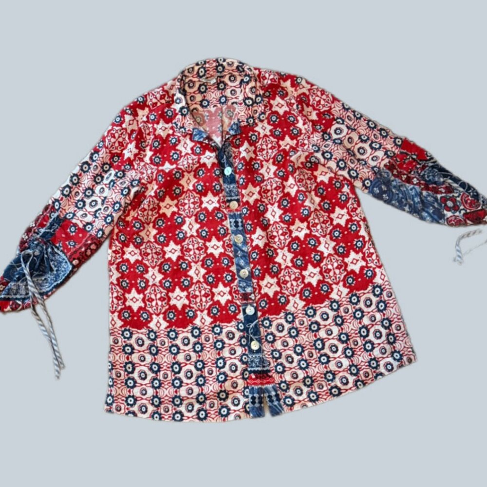 John Mark Boho Patchwork Peasant Blouse Red Blue … - image 2